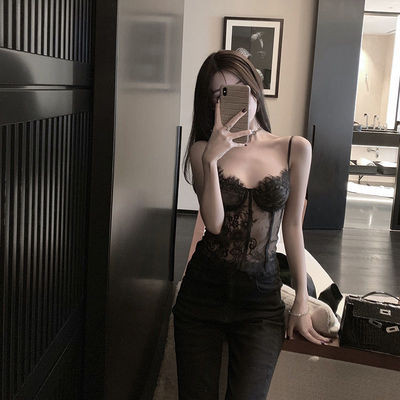 法式名媛黑色蕾丝吊带背心大码