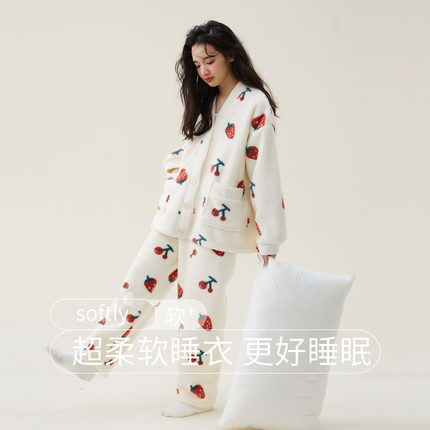 暖绒秋冬季睡衣女士加绒加厚情侣套装新款珊瑚绒印花家居服春秋天