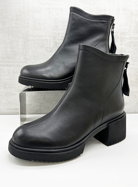 COMELY康莉2023冬款专柜正品舒适圆头粗跟后拉链时尚短靴KLN38801