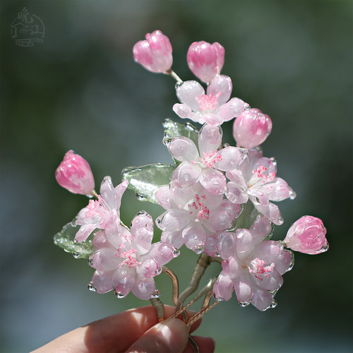 冰萃白桃 热缩花簪发簪u型新中式古风汉服旗袍发钗可爱少女粉头饰