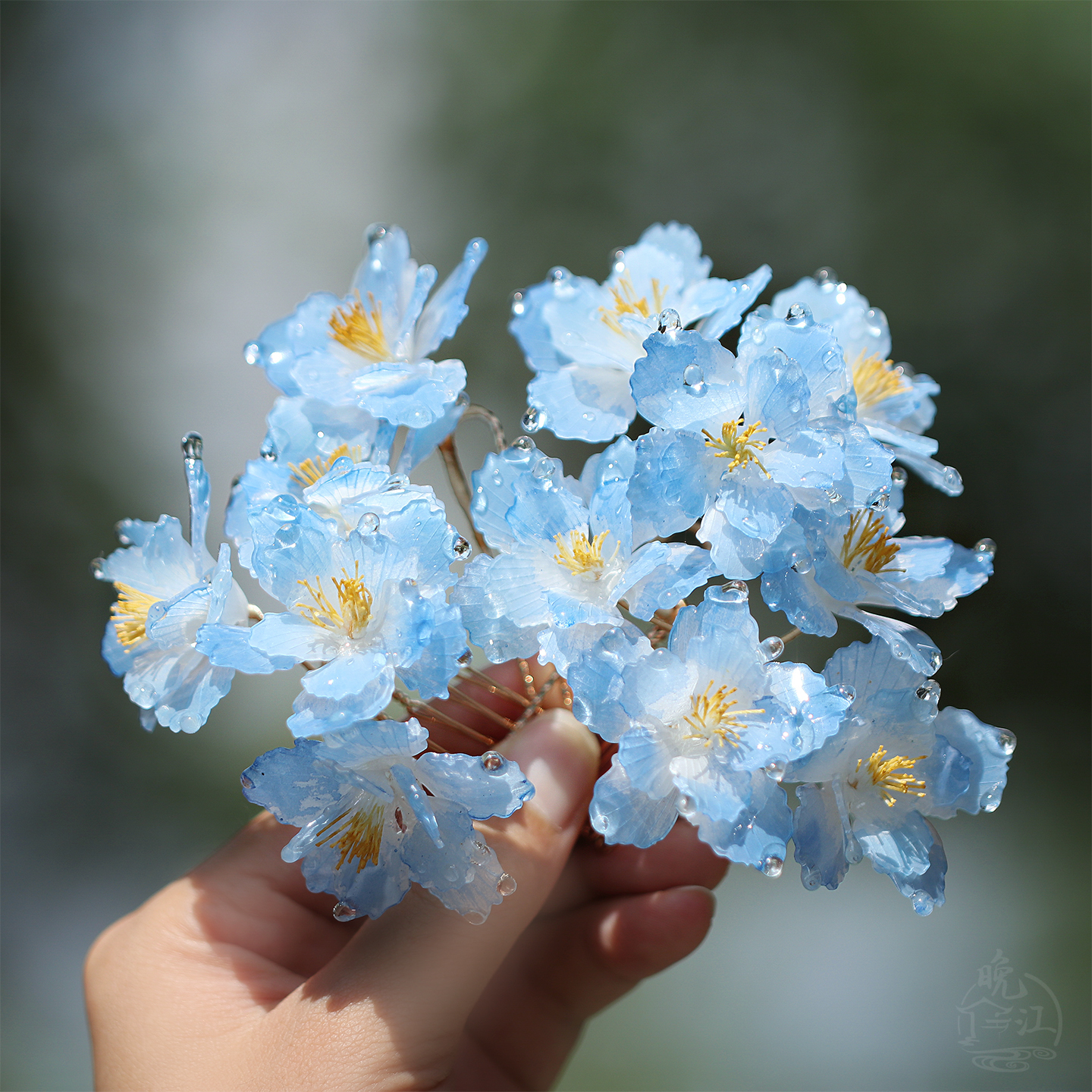 天水碧 热缩花簪蓝发簪u型古风发钗盘发日常步摇汉服配饰中式簪子