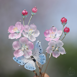 景旭 发簪簪子汉服古风粉蓝头饰女 热缩花簪蝴蝶发钗u型国风新中式