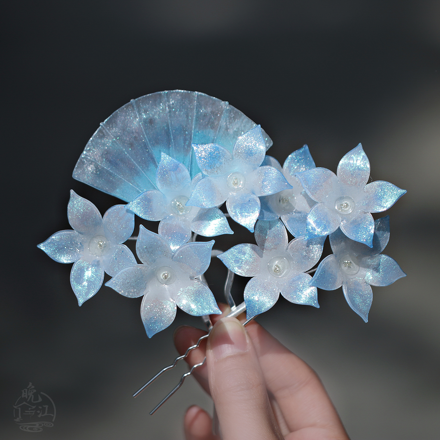 星夜扇 热缩花簪古风盘发发簪扇簪汉服头饰步摇u型发钗簪子国风蓝