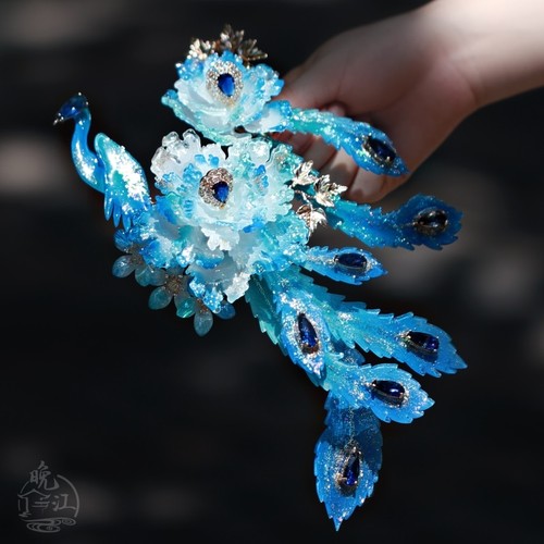 孔雀 热缩花簪国风发簪古风发饰蓝汉服头花头饰发钗u型新中式步摇