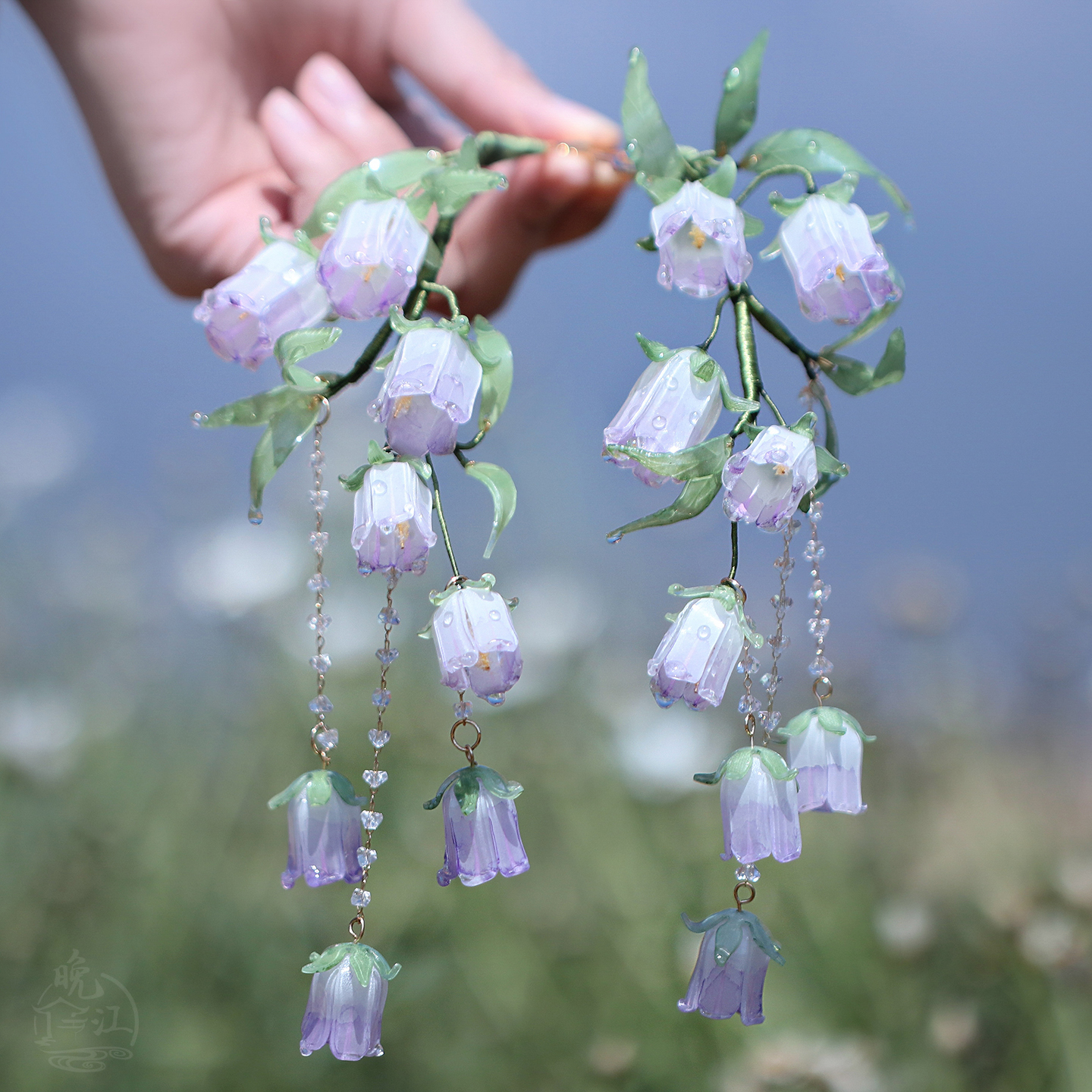 风铃花 热缩花簪盘发发钗u型新中式发簪旗袍日常花钗流苏步摇蓝紫