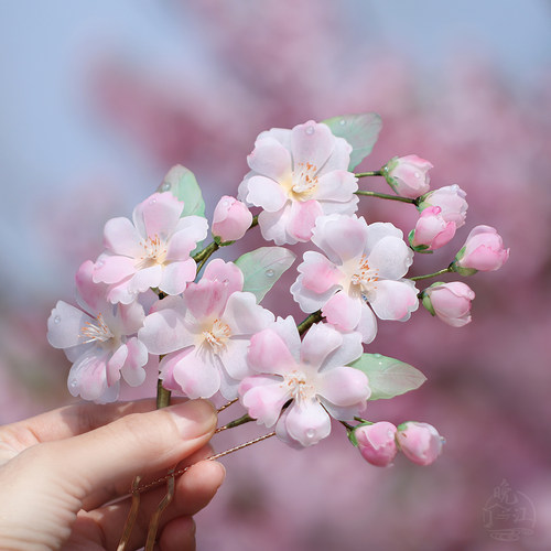 粉烟棠 半热缩花簪海棠中式发簪u型发钗盘发步摇汉服旗袍日常头饰