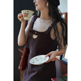 法式 Chings 清仓 复古显瘦棕红色内搭毛呢裙粗尼背带裙 断码