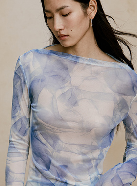 [清仓]Cyan Moza网纱晕染弹力长袖T恤 半透视不规则上衣MT2024001