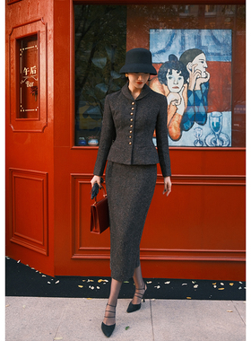 Chings复古赫本风优雅毛呢上衣收腰沙漏身材显瘦1950年代西装外套