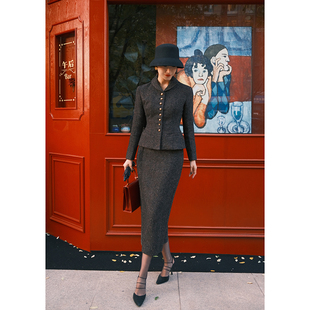 Chings复古赫本风优雅毛呢上衣收腰沙漏身材显瘦1950年代西装 外套