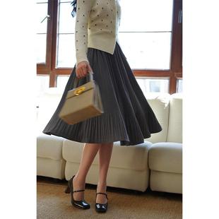 Ching 显瘦优雅小鱼尾裙秋春半裙小黑裙 s复古中古高腰褶皱百褶裙