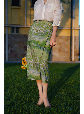 Ching's 复古油画莫奈花园质感高腰裙 显瘦通勤天丝A字半裙2025夏