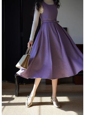 Ching's 复古梨形身材显瘦腰带收腰拼接A字花呢背带裙 保暖连衣裙