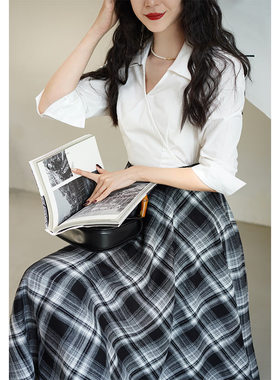 Chings 1950年代Vintage复古白衬衫 七分袖高收腰v领内搭显瘦上衣