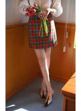 Chings 法式复古毛呢高腰多巴胺小A字格短裙 显瘦显高纹秋冬半裙