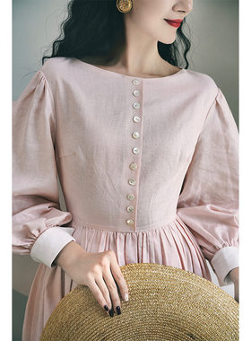 Chings 法式复古樱花粉亚麻连衣裙 混纺百褶赫本风大摆裙太阳裙秋