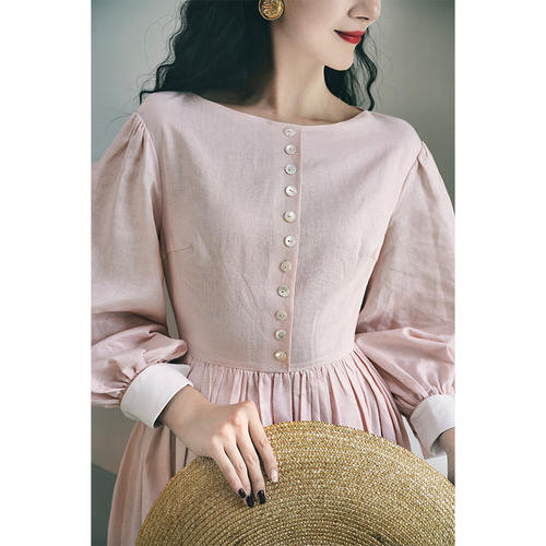 Chings法式复古樱花粉亚麻连衣裙