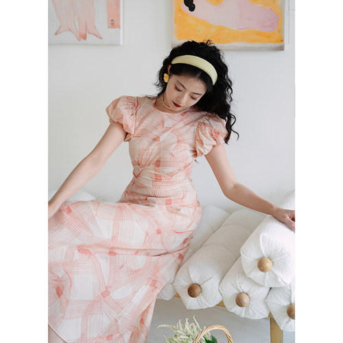 青的衣橱 法式复古圆领高支精梳棉撞色印花裙 显瘦制片人连衣裙女