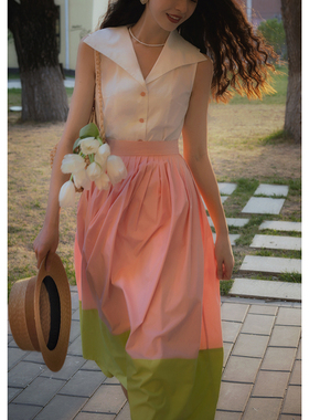 Ching's法式复古撞色棉质A字裙显嫩显白高腰百褶裙赫本风大摆半裙