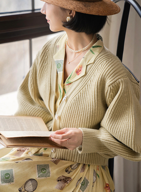 【断码清仓】chings 复古泡泡袖珍珠扣毛衣 短款气质百搭针织开衫