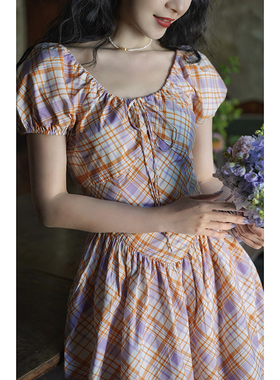 Chings复古抽绳泡泡袖高腰连衣裙 冰淇淋色系绑带大摆裙A字长裙秋