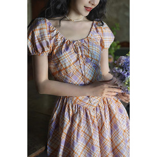 Chings复古抽绳泡泡袖 冰淇淋色系绑带大摆裙A字长裙夏 高腰连衣裙