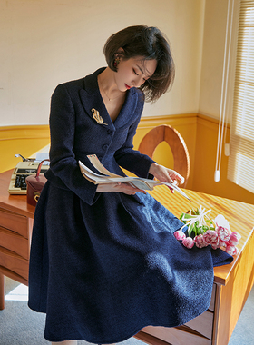 Chings收腰气质短西装法式毛呢套装高腰伞裙复古裙子显瘦套装裙秋