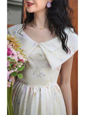 Chings 复古双层大翻领高腰连衣裙 微珠光柔和印花收腰大摆裙长裙