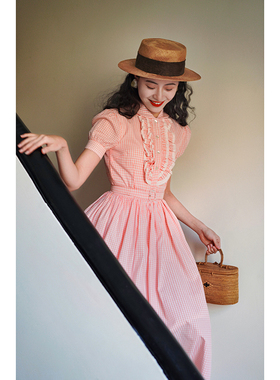 Chings荷叶边泡泡袖高腰显瘦格纹连衣裙 赫本风大摆裙A字蓬蓬裙秋