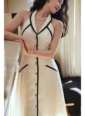 Chings港式复古削肩V领黑白撞色明媚大女主高腰显瘦A字无袖连衣裙