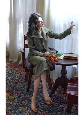 Chings 大翻领收腰显瘦粗花呢彩点提花外套 高腰直筒半裙毛呢套装