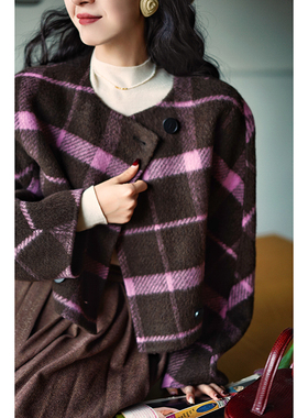 Chings 复古格纹宽松廓形外套 羊驼毛羊毛混纺双面呢大衣短夹克冬