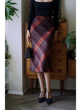 Ching's复古格子毛呢斜裁高腰显瘦优雅包臀裙 修身小鱼尾半身裙女