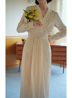 Chings 缎面连衣裙 小香风西装领高腰显瘦褶皱优雅气质通勤长裙春