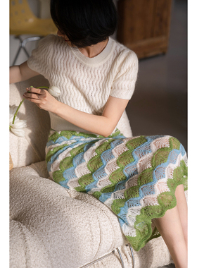 【断码清仓】Chings 法式复古马海毛镂空圆领花纹彩色针织短上衣