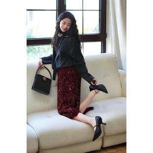 Ching 清仓 s复古丝绒A字亮片半裙新年圣诞节年会高腰长裙 断码