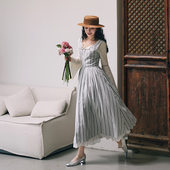 复古田园方领连衣裙 Chings 法式 翻领撞色提花条纹收腰显瘦长裙夏