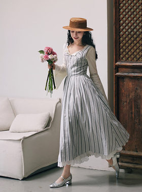 Chings 法式复古田园方领连衣裙 翻领撞色提花条纹收腰显瘦长裙秋