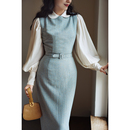 一字领杂花粗呢花缸呢毛呢裙 Chings 直筒连衣裙2438 鹦鹉梨严选