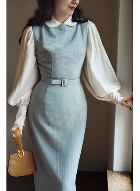 [鹦鹉梨严选]Chings 一字领杂花粗呢花缸呢毛呢裙 直筒连衣裙2438