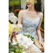 Chings法式 复古Vintage青花瓷印花吊带裙高腰棉布大摆连衣裙A字裙