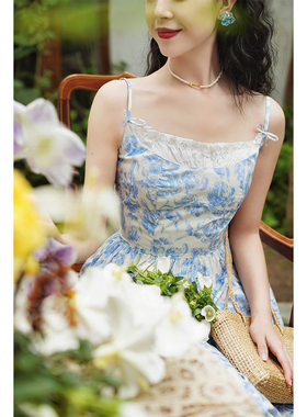 Chings法式复古Vintage青花瓷印花吊带裙高腰棉布大摆连衣裙A字裙