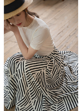 【断码清仓】Ching's 高腰优雅百褶裙 大摆裙亚麻混纺A字波点半裙