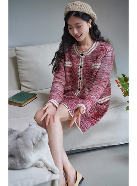 Chings法式复古小香风杂花套装裙 宽松舒适针织开衫高腰针织套装