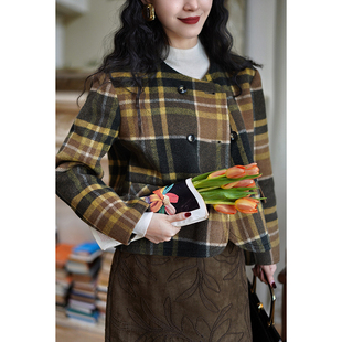 复古百搭格子毛呢夹克保暖外套秋冬 格纹双面呢大衣女 Chings 法式