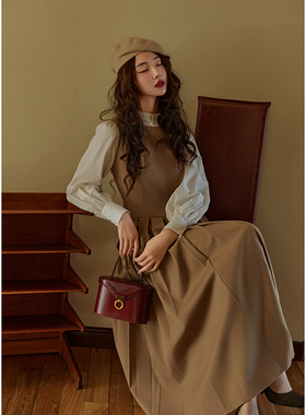 Chings英伦复古毛料内搭百褶背带裙 梨形身材显瘦收腰a字连衣裙秋