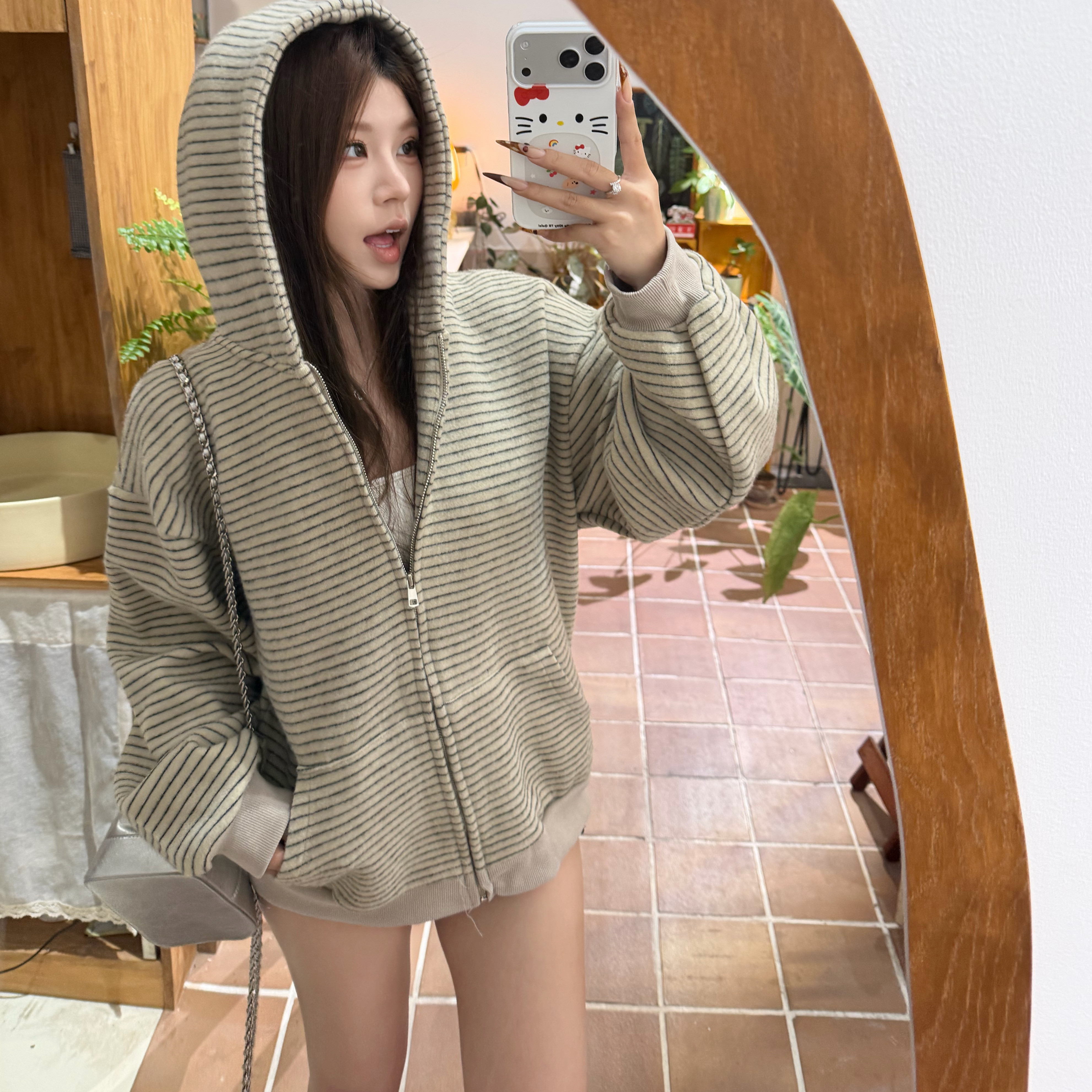 PBXX STUDIO【慵懒条纹】韩系秋冬燕麦色百搭连帽休闲卫衣外套女