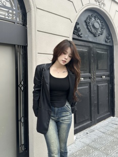 PBXX STUDIO猪崽包  经典黑色皮衣西装微胖mm高级感宽松百搭