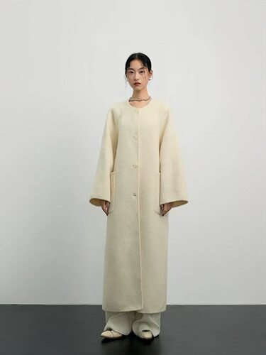 25秋冬高级感米杏色大袖口双面尼羊毛大衣外套女