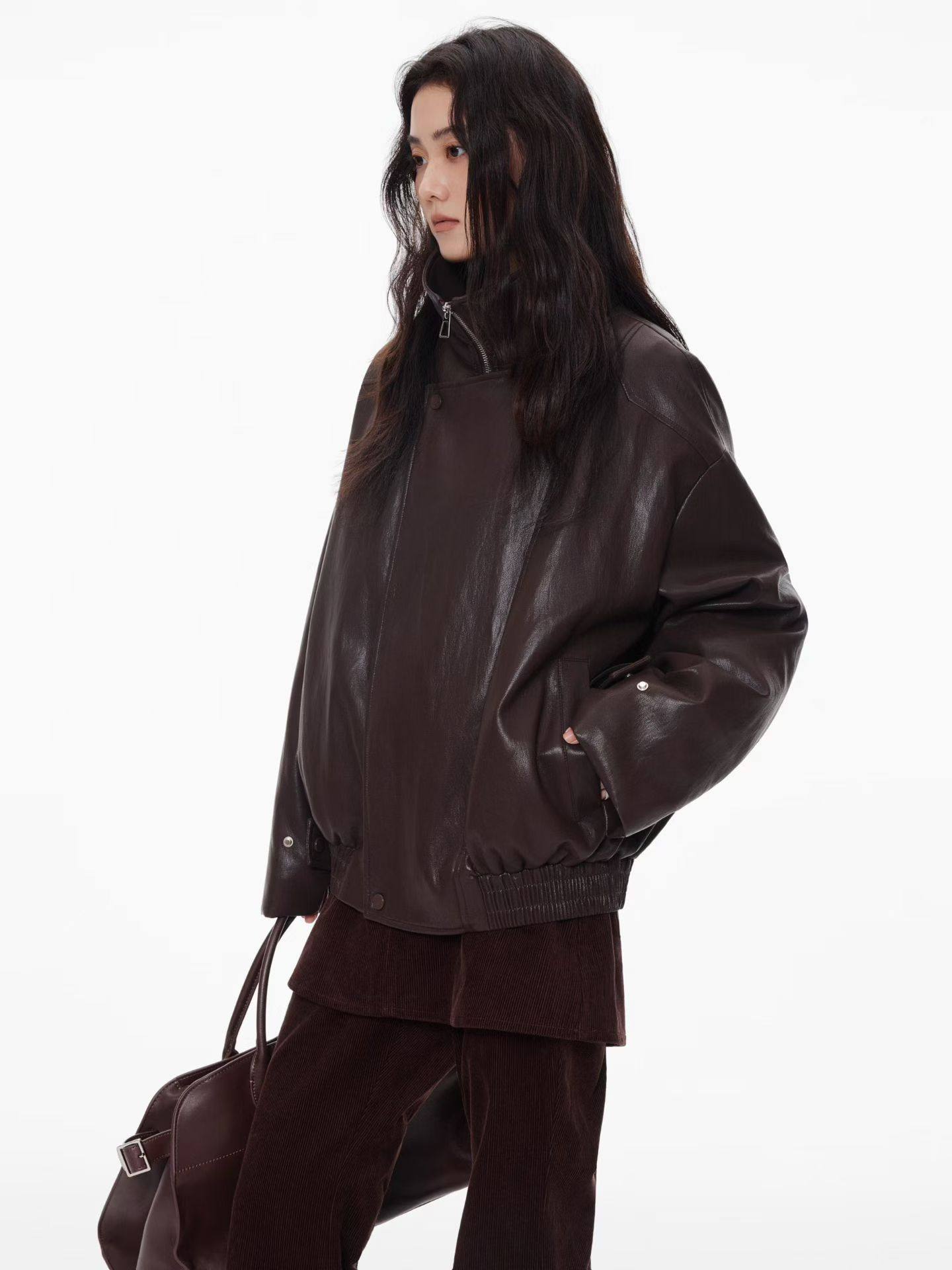秋冬新款时尚复古老钱风小翻领短款PU皮羽绒服女百搭夹克外套